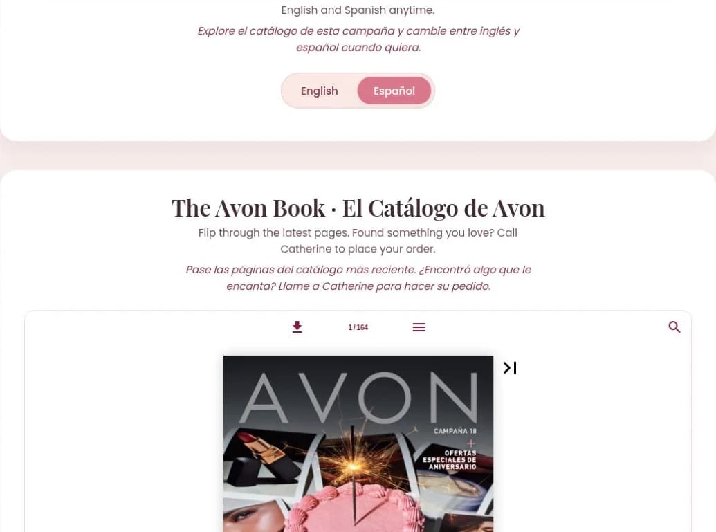 The Spanish brochure selected on Catherine Ruiz’s website, with the embedded Avon campaign viewer below.